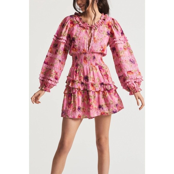 LoveShackFancy Dresses & Skirts - NWT LoveShackFancy Clarkie Mini Dress XS Pink Floral 100% Cotton Ruffle Smocked